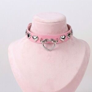 New Pink Vegan Leather Silver Heart Studded Adjustable Choker Necklace Collar